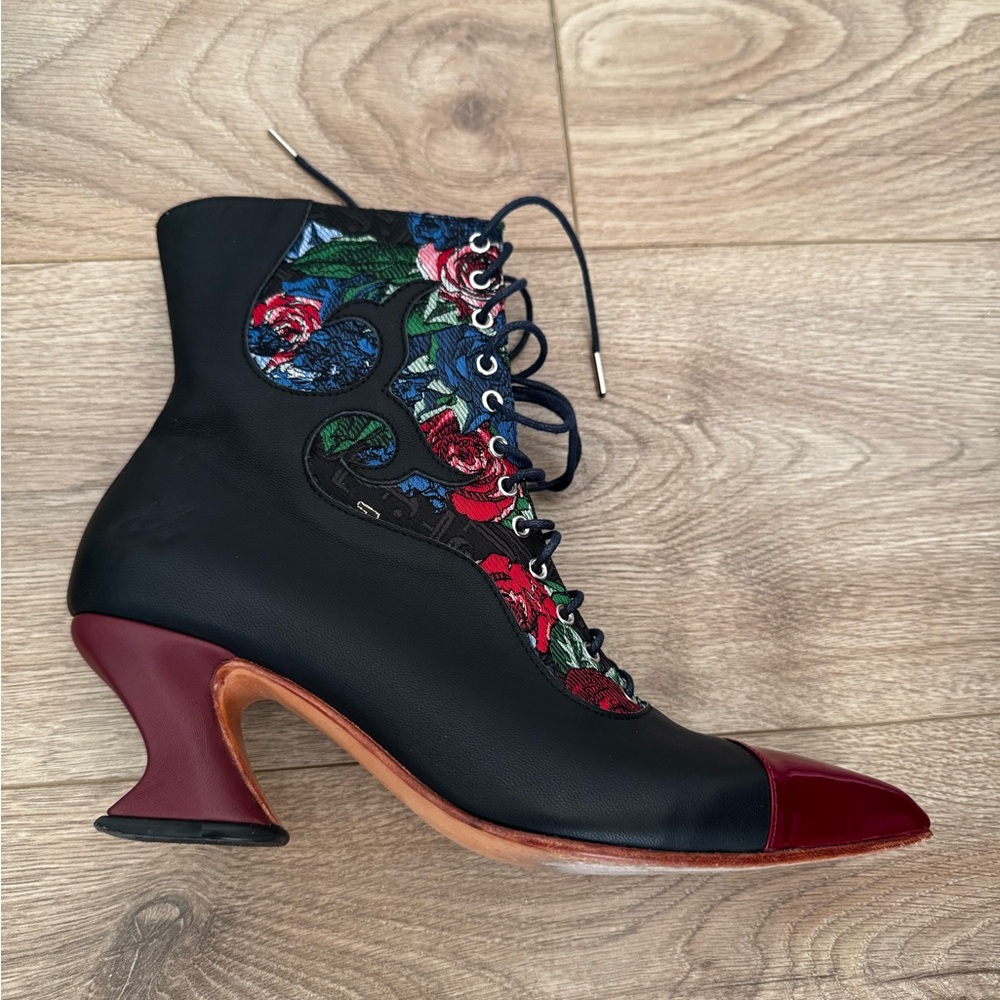 John Fluevog Black and Red Embroidered Heels